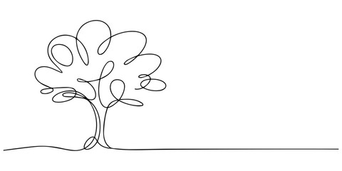 one continuous line drawing of a minimalist tree modern botanical illustration, Continuous one line drawing green tree fertile on white background, trees for decorating gardens, park, forest. Agricult