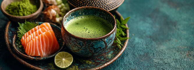 Japanese cuisine still life with hot matcha green tea in ceramic cup and fresh salmon sashimi with lime on dark stone background for healthy oriental food and lifestyle concept