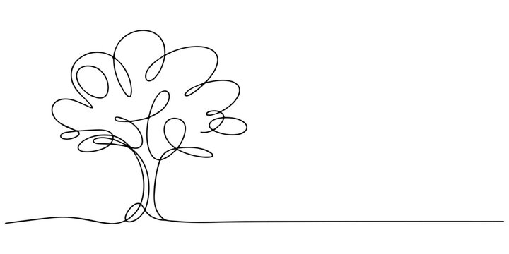 one continuous line drawing of a minimalist tree modern botanical illustration, Continuous one line drawing green tree fertile on white background, trees for decorating gardens, park, forest. Agricult