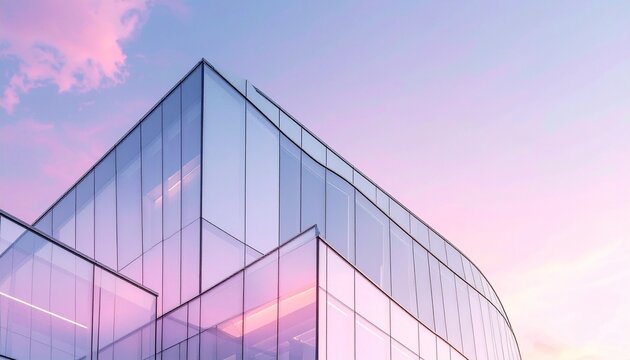 Striking modern glass architecture bathed in the vibrant hues of a twilight sky, showcasing sleek lines and reflective surfaces that symbolize innovation and urban development - Powered by Adobe