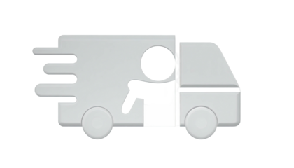 Grey delivery truck with megaphone icon, indicating fast shipping