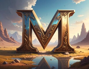 Large, ornate golden letter "M" against a desert landscape and sky