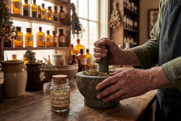 Herbalist grinding dried herbs in stone mortar and pestle on wooden counter in vintage apothecary