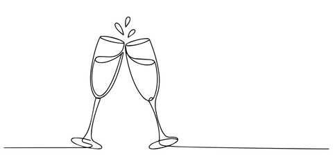 Two clinking champagne glasses one line design. Creative sparkling wine glass, continuous lines vector banner. Design for party, Wedding party cheers. Minimalist new year celebration vector concept. © Gerish