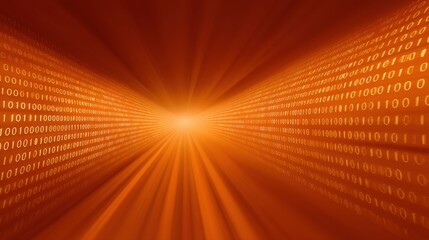 Abstract representation of data flow with binary code in bright orange tones creating a futuristic and dynamic background for technology concepts and digital themes