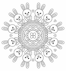 Black and white mandala coloring page with cute bunnies and hearts vector