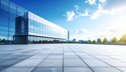 Fototapeta premium Modern glass building exterior with outdoor patio and bright sunny sky