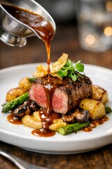 Closeup of a juicy medium steak with roasted potatoes, asparagus, and mushrooms as glossy brown sauce is poured, perfect for menus, ads, and upscale restaurant branding.