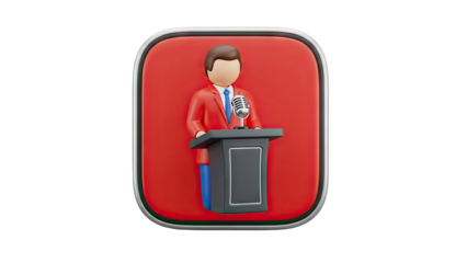 3D Speaker Icon with Microphone and Podium on transparent background