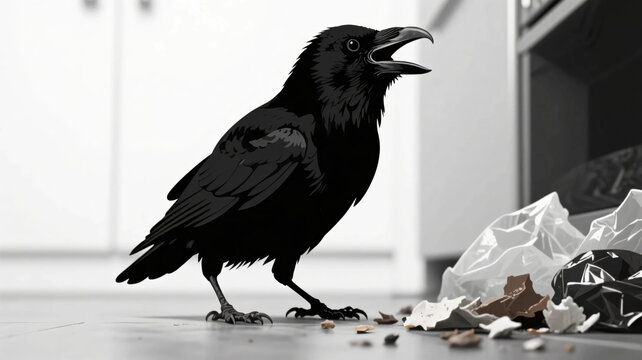 Angry crow cutout, Cawing. Kitchen scraps. Natural predator. Garbage disposal. Black crow. Black bird.