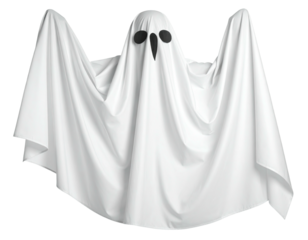 A spectral, floating figure draped in white fabric with simple facial features