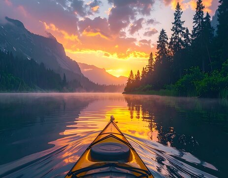 Kayak glides on calm lake at sunrise with mountains and trees - Powered by Adobe