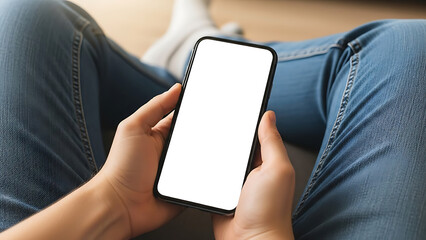 A smart businessman holding a mobile smartphone with a blank touch screen display for wireless electronic communication and internet technology