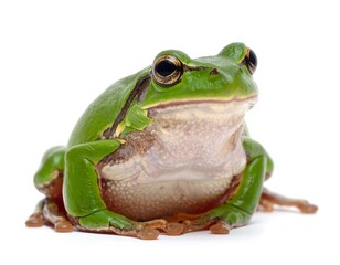 Obraz premium Green frog with dark eyes sits alert, posed against stark white background