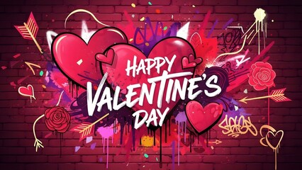 Obraz premium Happy Valentine's Day graffiti hearts on brick wall. Valentin's Day Background.