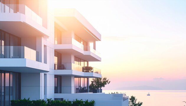 Luxury modern apartment building with balconies overlooking the ocean at sunset