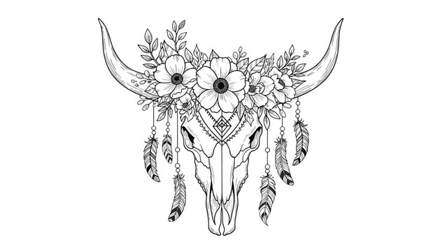 A beautiful hand-drawn bohemian illustration of a bull skull decorated with a floral crown, tribal patterns, and hanging feathers.