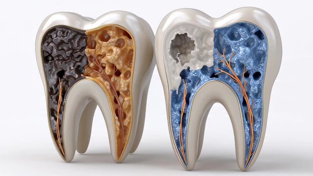 Cross Sectional View Of Healthy And Decayed Tooth With Pulp And Nerves Visible