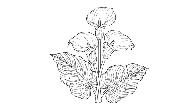 A detailed hand-drawn illustration of calla lily flowers and large patterned leaves in a classic black and white engraving style.