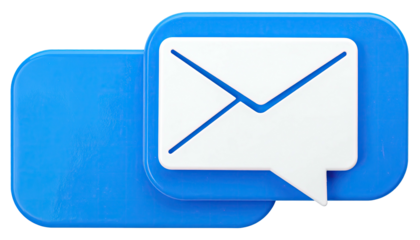 3D-rendered white envelope inside blue chat bubble and background