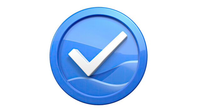 Shiny blue badge with white checkmark & wave design