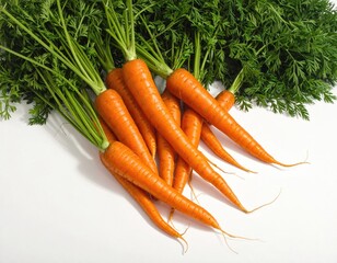 Pile of orange root vegetables with green tops on a white surface