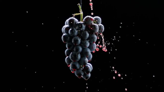 Grapes close up. Loop motion. Beautiful stock footage for wine commercial. Taste Luxury Grapes. Fresh black grapes rotation on isolated black background on super slow motion.