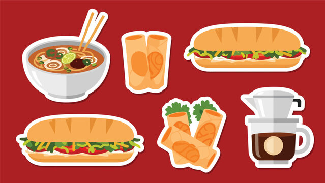 Kawaii Vietnamese food sticker set featuring pho, b&aacute;nh m&igrave;, spring rolls, and Vietnamese coffee icons in flat vector style, perfect for culinary graphics, ideal for Vietnam cuisine content