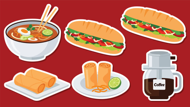 Kawaii Vietnamese food sticker set featuring pho, b&aacute;nh m&igrave;, spring rolls, and Vietnamese coffee icons in flat vector style, perfect for culinary graphics, ideal for Vietnam cuisine content