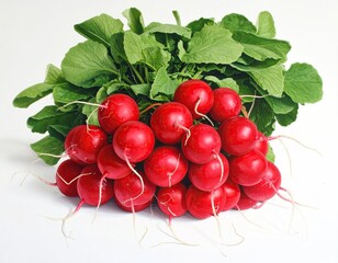 Freshly harvested bunch of vibrant red radishes with green leafy tops