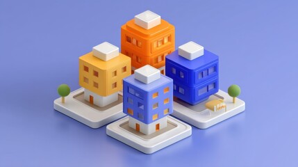 Fototapeta premium Vibrant 3D Models of Colorful Buildings in a Modern Urban Layout with Stylized Trees and a Blue Background