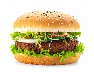 Close-up of a sesame-seed bun burger with fresh toppings on white