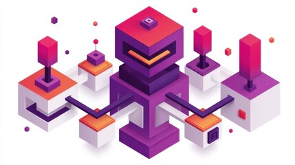 Abstract geometric robot illustration in vibrant purple and orange tones, surrounded by modular cube shapes and minimalist 3D elements, for technology concepts