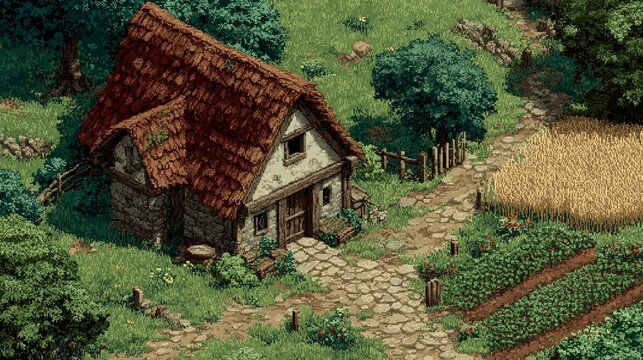 Isometric pixel art farm cottage with rustic house stone path and crops field for retro video game environment background