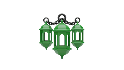 Three green lanterns hanging on a chain on transparent background