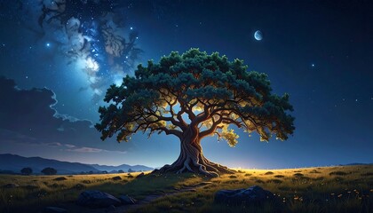 Large tree on a grassy plain under a starry night sky
