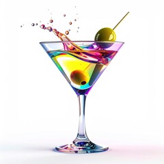 Cocktail with splash of colorful liquid, olives, and a toothpick
