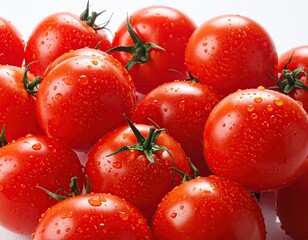 A close-up of a pile of ripe, red tomatoes with water droplets
