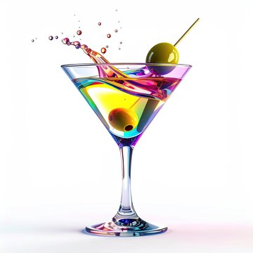 Cocktail with splash of colorful liquid, olives, and a toothpick