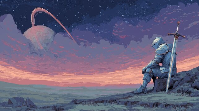 Lonely futuristic knight in silver armor sitting on a rocky cliff looking at a giant ringed planet and cosmic nebula in pixel art style
