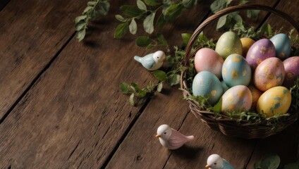 Pastel Easter Eggs in Basket with Bird Decorations on Wooden Table.