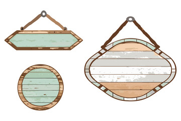 Faded red stripe wooden hanging signs, rustic vintage wood, ink outline and watercolor fill, cartoon-realistic style, blank surface