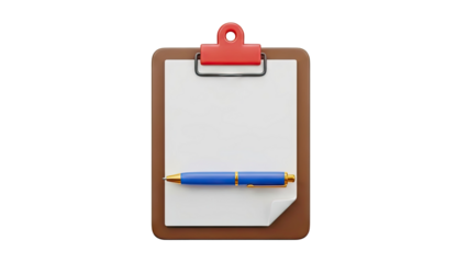 Clipboard with Blank Paper and Blue Pen on transparent background