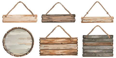 Rustic hanging wooden sign boards, soft watercolor painting style, wood grain texture, rope hanger, blank signs