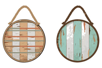 Rustic wooden sign set, mixed wood colors (brown, teal, gray, red stripe), rope hanging, peeling paint, high-detail stock illustration,