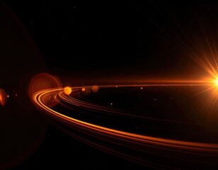 Bright orb radiating energy, trails across a dark expanse