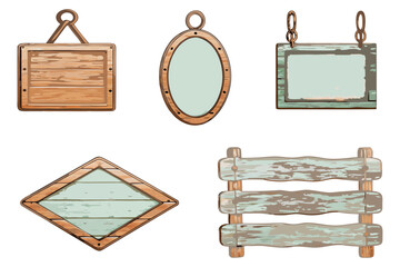 Rustic wooden signboards clipart pack, transparent background, soft shadow, watercolor and ink hybrid style, worn wood edges