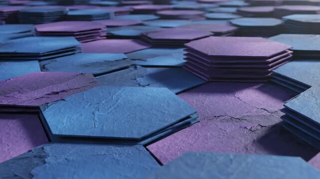 Abstract textured hex tiles in shades of blue and purple, stacked and angled