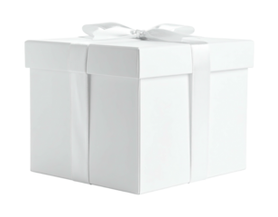 White gift box with ribbon and bow against a black background