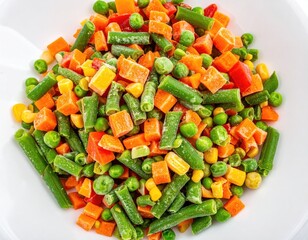 Mixed frozen vegetables in a white bowl, close-up view